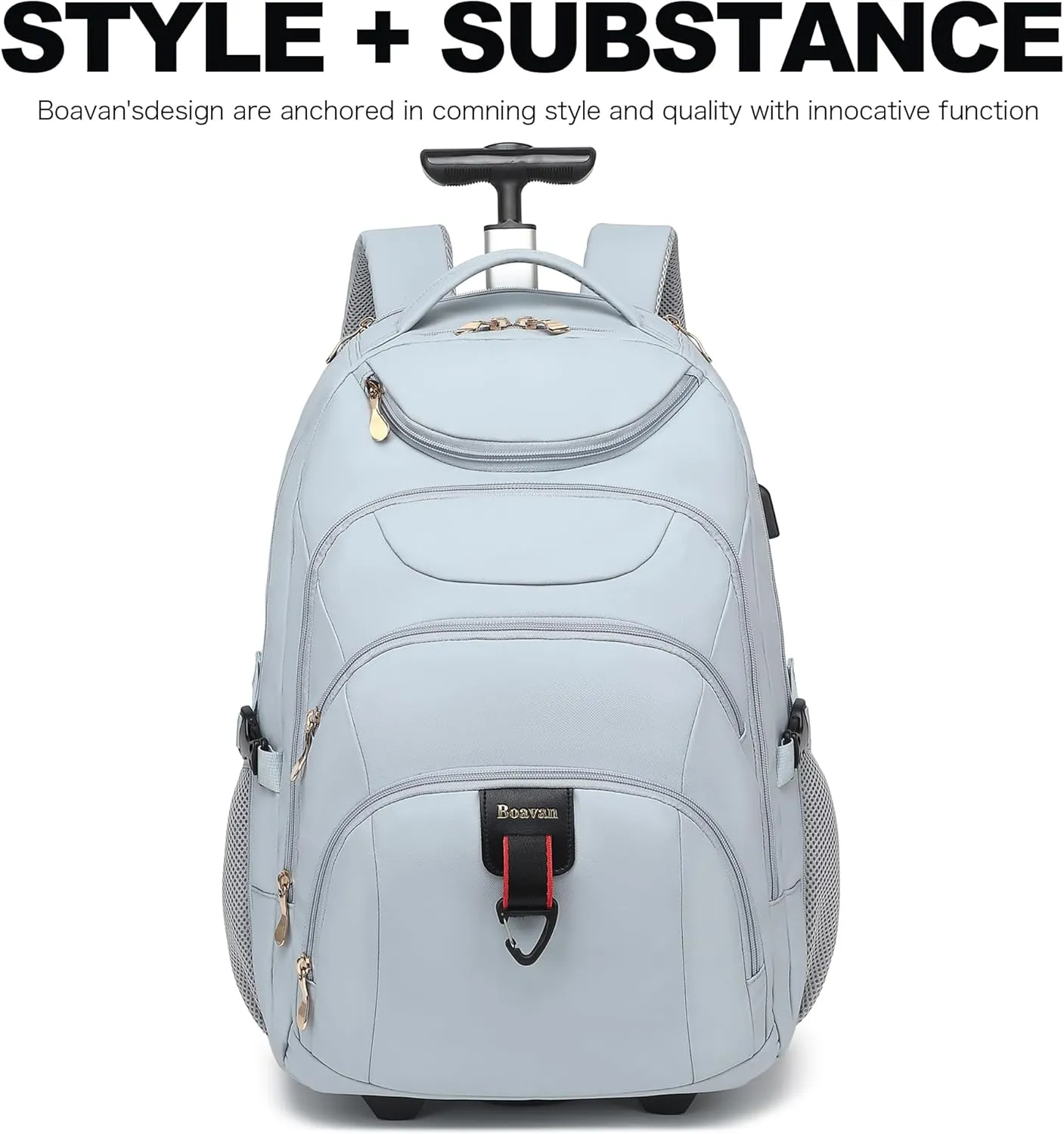 Boavan Rolling Backpack for Women, 17.3 Inch Wheeled Laptop Backpack,Large Travel Carry-On Bag for Teachers College Students, USB Charging Port Waterproof Business for Airplane Overnight LuggageBlue