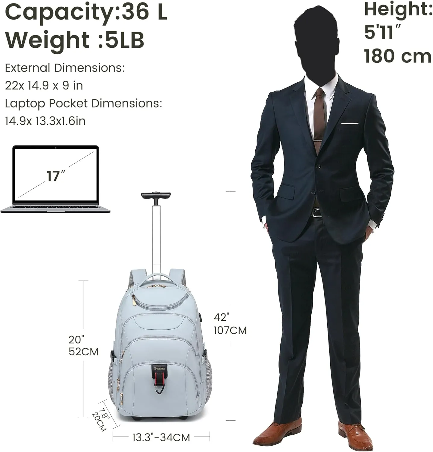 Boavan Rolling Backpack for Women, 17.3 Inch Wheeled Laptop Backpack,Large Travel Carry-On Bag for Teachers College Students, USB Charging Port Waterproof Business for Airplane Overnight LuggageBlue
