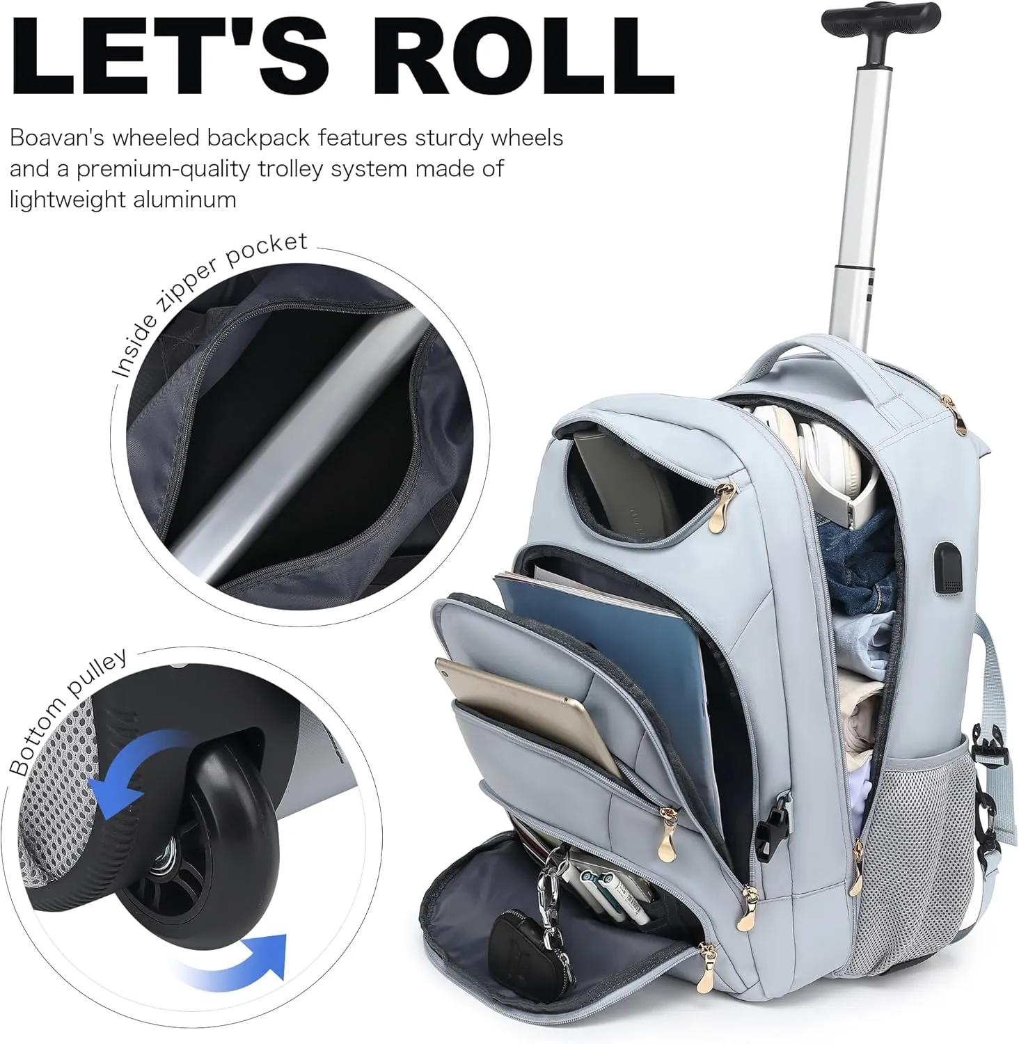 Boavan Rolling Backpack for Women, 17.3 Inch Wheeled Laptop Backpack,Large Travel Carry-On Bag for Teachers College Students, USB Charging Port Waterproof Business for Airplane Overnight LuggageBlue