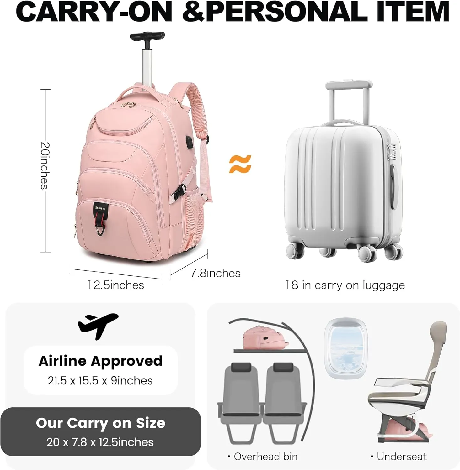 Boavan Rolling Backpack for Women, 17.3 Inch Wheeled Laptop Backpack,Large Travel Carry-On Bag for Teachers College Students, USB Charging Port Waterproof Business for Airplane Overnight LuggagePink