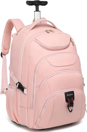 Boavan Rolling Backpack for Women, 17.3 Inch Wheeled Laptop Backpack,Large Travel Carry-On Bag for Teachers College Students, USB Charging Port Waterproof Business for Airplane Overnight LuggagePink