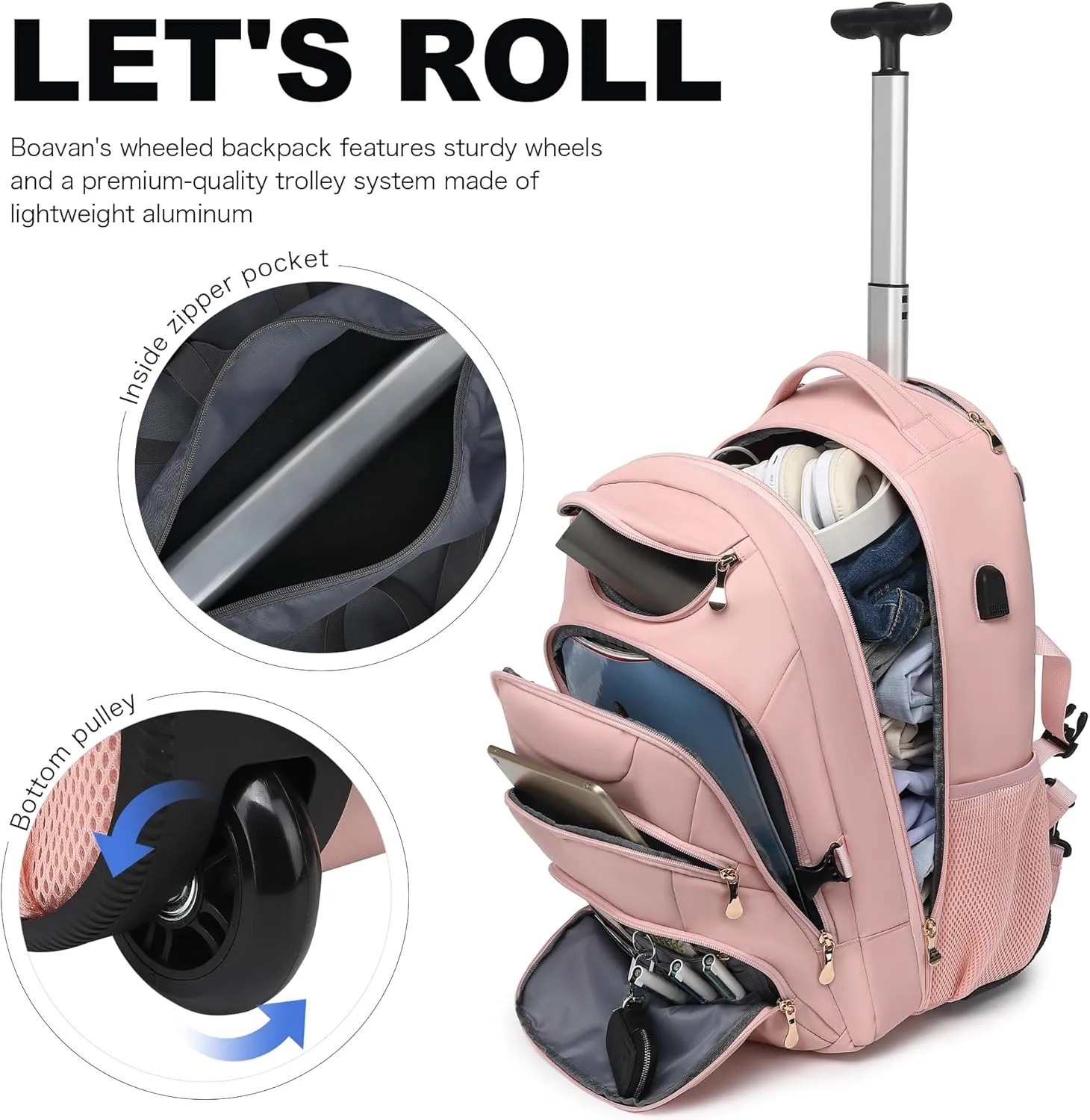 Boavan Rolling Backpack for Women, 17.3 Inch Wheeled Laptop Backpack,Large Travel Carry-On Bag for Teachers College Students, USB Charging Port Waterproof Business for Airplane Overnight LuggagePink