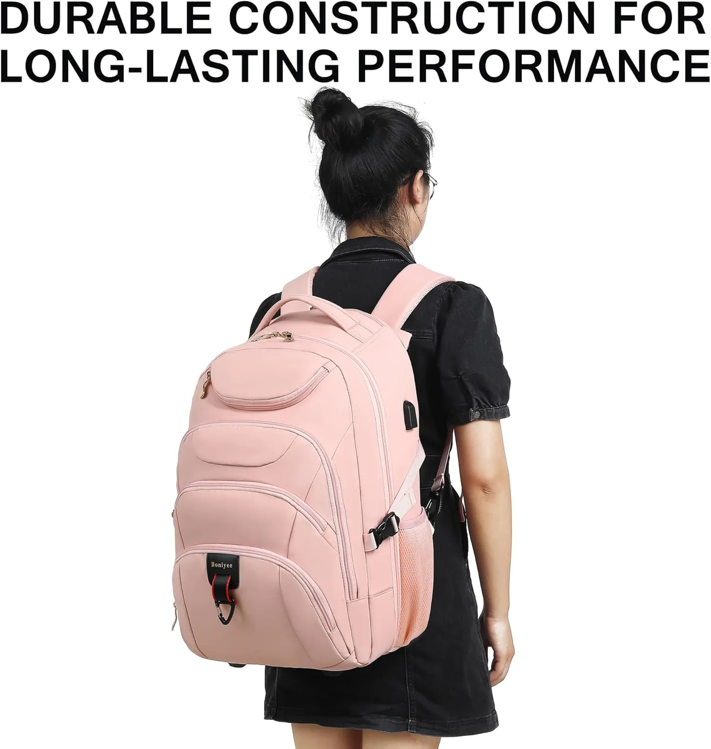 Boavan Rolling Backpack for Women, 17.3 Inch Wheeled Laptop Backpack,Large Travel Carry-On Bag for Teachers College Students, USB Charging Port Waterproof Business for Airplane Overnight LuggagePink