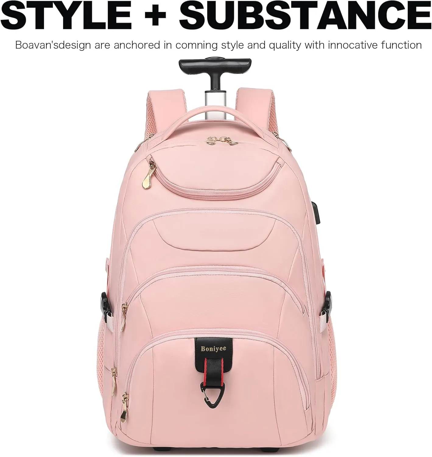 Boavan Rolling Backpack for Women, 17.3 Inch Wheeled Laptop Backpack,Large Travel Carry-On Bag for Teachers College Students, USB Charging Port Waterproof Business for Airplane Overnight LuggagePink
