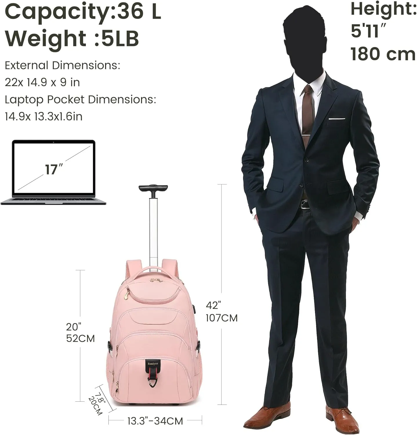 Boavan Rolling Backpack for Women, 17.3 Inch Wheeled Laptop Backpack,Large Travel Carry-On Bag for Teachers College Students, USB Charging Port Waterproof Business for Airplane Overnight LuggagePink