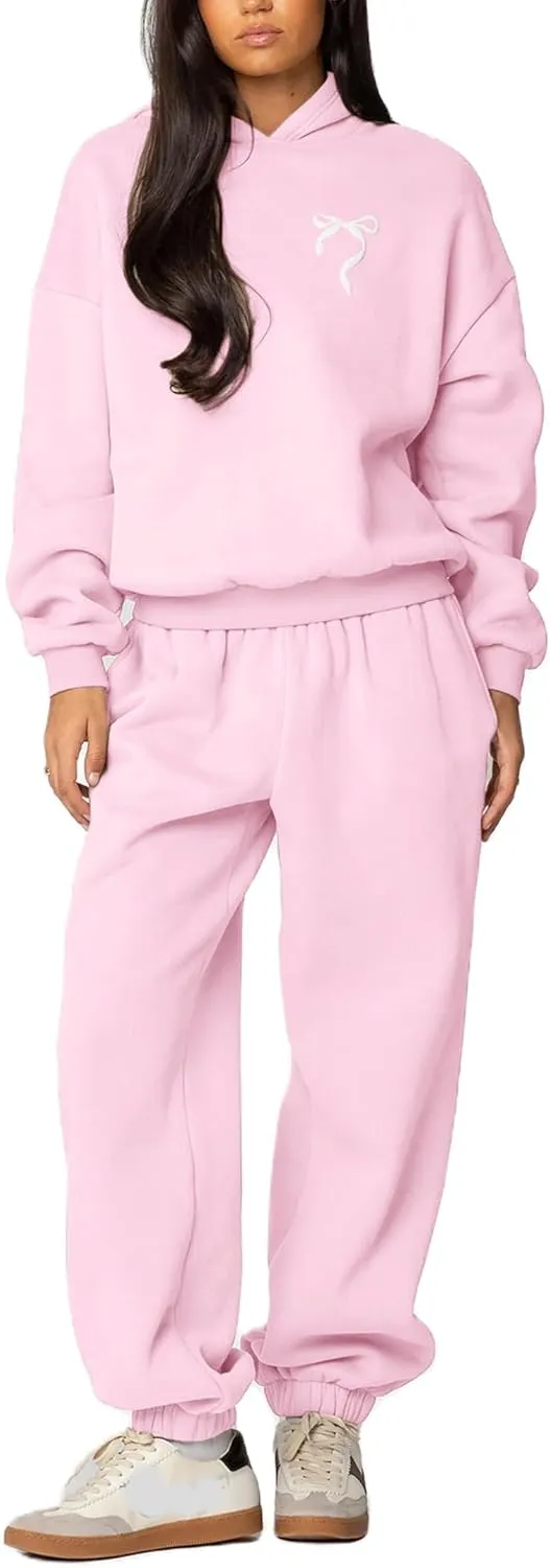 Bow Print Sweat Set for Women Two Piece Tracksuit Long Sleeve Oversized Hoodie Wide Leg Sweatpants 2 Piece Outfits