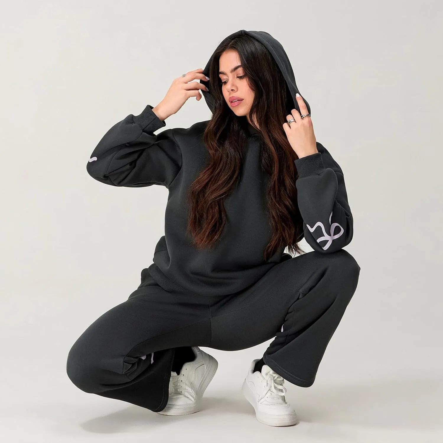 Bow Print Sweat Set for Women Two Piece Tracksuit Long Sleeve Oversized Hoodie Wide Leg Sweatpants 2 Piece Outfits