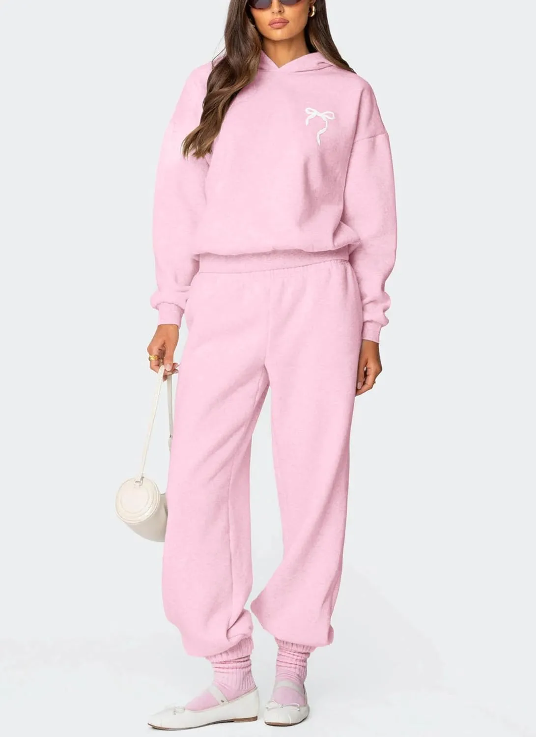 Bow Print Sweat Set for Women Two Piece Tracksuit Long Sleeve Oversized Hoodie Wide Leg Sweatpants 2 Piece Outfits