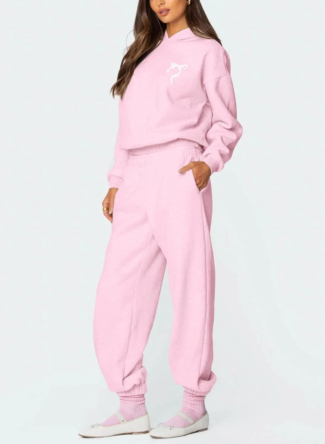 Bow Print Sweat Set for Women Two Piece Tracksuit Long Sleeve Oversized Hoodie Wide Leg Sweatpants 2 Piece Outfits