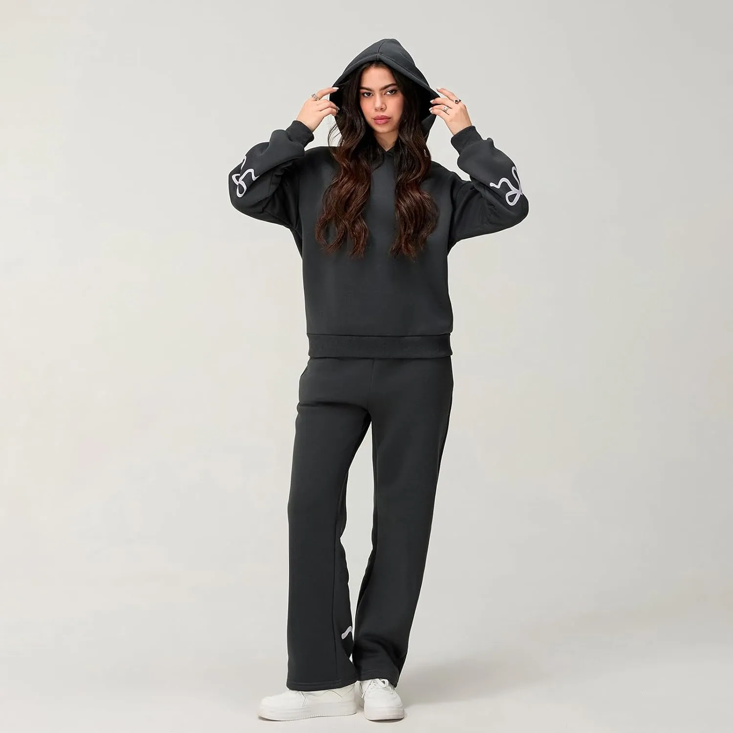 Bow Print Sweat Set for Women Two Piece Tracksuit Long Sleeve Oversized Hoodie Wide Leg Sweatpants 2 Piece Outfits