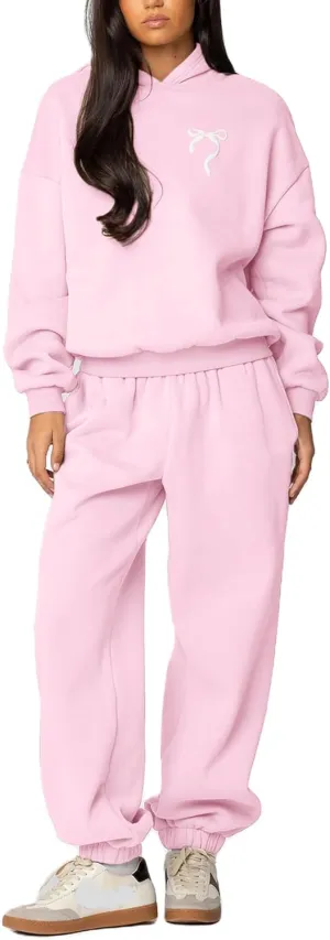Bow Print Sweat Set for Women Two Piece Tracksuit Long Sleeve Oversized Hoodie Wide Leg Sweatpants 2 Piece Outfits
