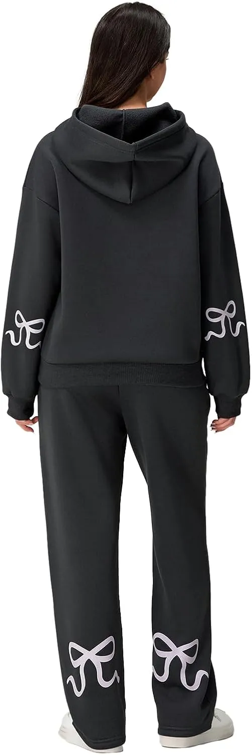 Bow Print Sweat Set for Women Two Piece Tracksuit Long Sleeve Oversized Hoodie Wide Leg Sweatpants 2 Piece Outfits