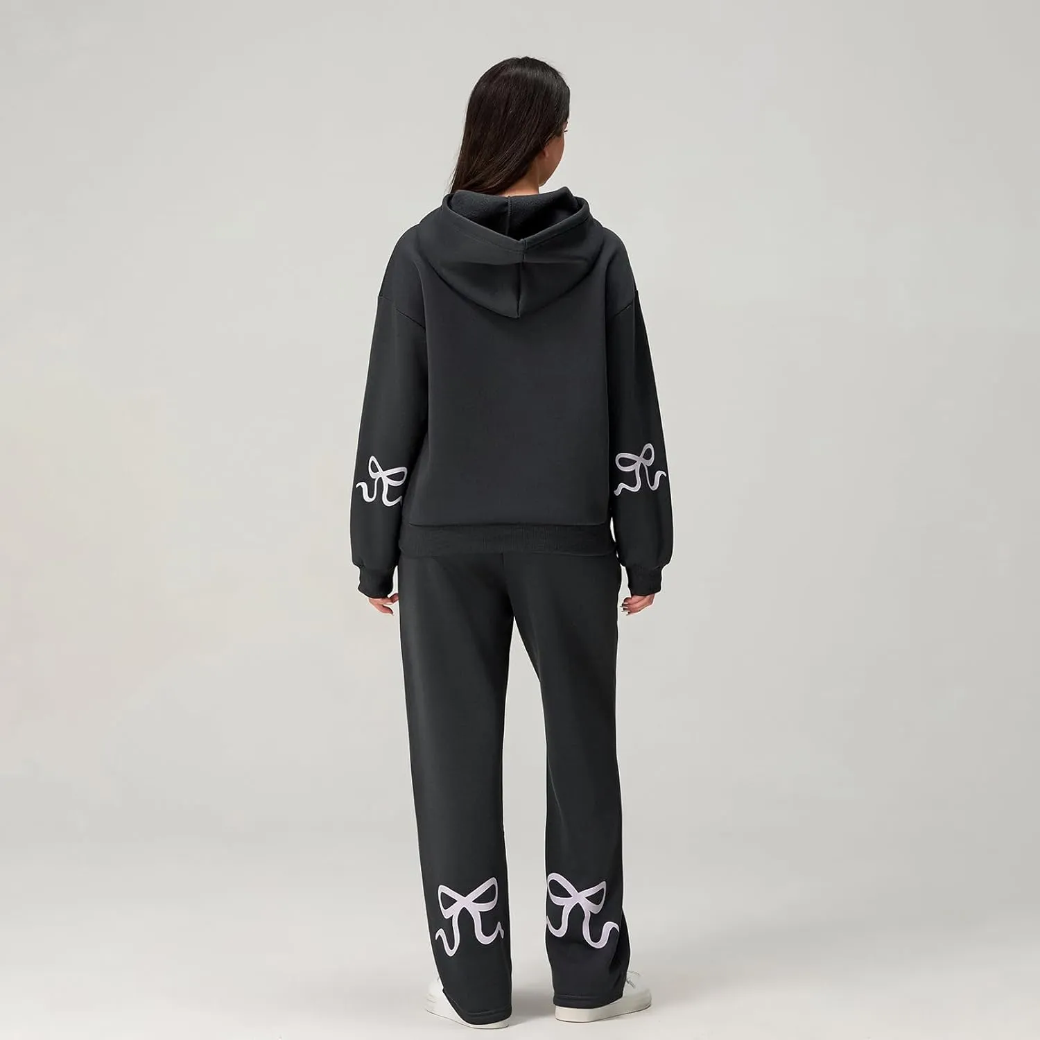 Bow Print Sweat Set for Women Two Piece Tracksuit Long Sleeve Oversized Hoodie Wide Leg Sweatpants 2 Piece Outfits