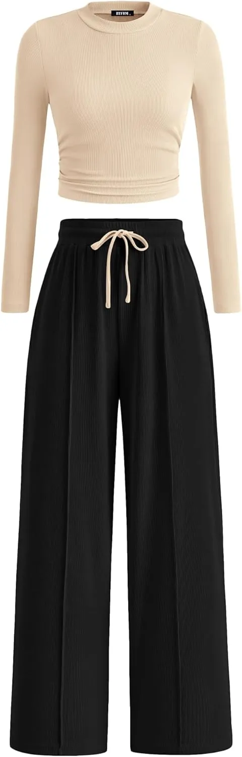 BTFBM Casual 2 Piece Sets For Women Spring Outfits 2025 Long Sleeve Crop Top Wide Leg Pants Summer Matching Lounge Set