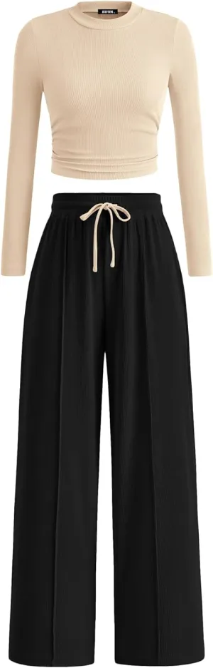 BTFBM Casual 2 Piece Sets For Women Spring Outfits 2025 Long Sleeve Crop Top Wide Leg Pants Summer Matching Lounge Set