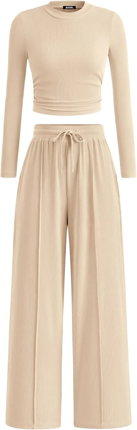 BTFBM Casual 2 Piece Sets For Women Spring Outfits 2025 Long Sleeve Crop Top Wide Leg Pants Summer Matching Lounge Set