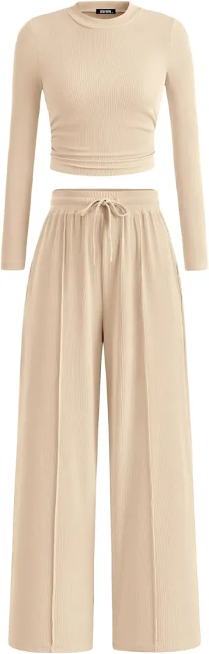 BTFBM Casual 2 Piece Sets For Women Spring Outfits 2025 Long Sleeve Crop Top Wide Leg Pants Summer Matching Lounge Set