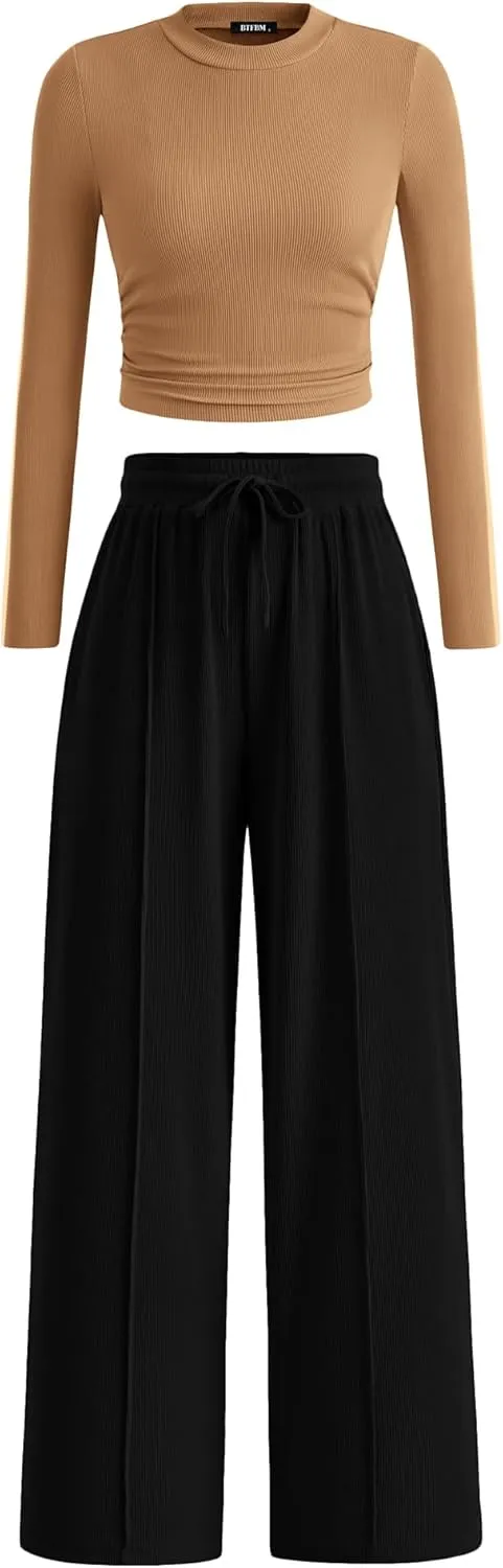 BTFBM Casual 2 Piece Sets For Women Spring Outfits 2025 Long Sleeve Crop Top Wide Leg Pants Summer Matching Lounge Set