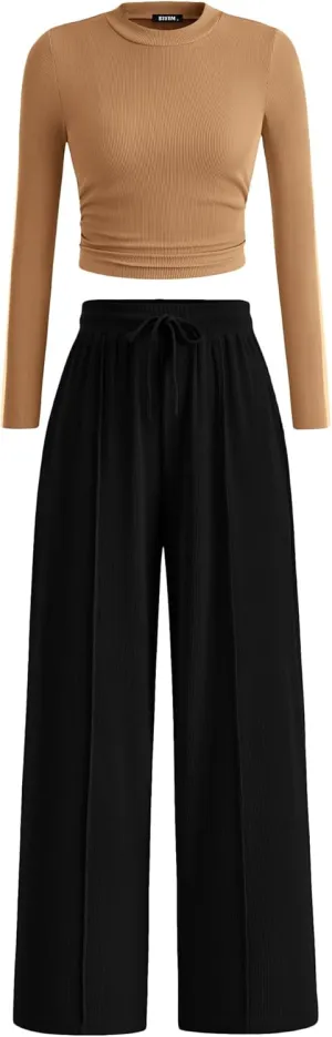BTFBM Casual 2 Piece Sets For Women Spring Outfits 2025 Long Sleeve Crop Top Wide Leg Pants Summer Matching Lounge Set