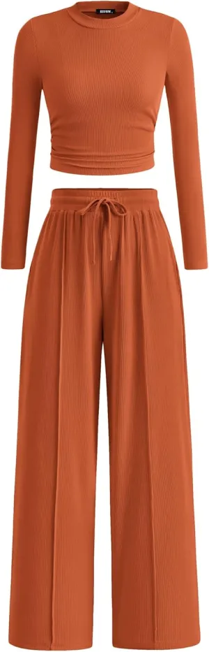 BTFBM Casual 2 Piece Sets For Women Spring Outfits 2025 Long Sleeve Crop Top Wide Leg Pants Summer Matching Lounge Set