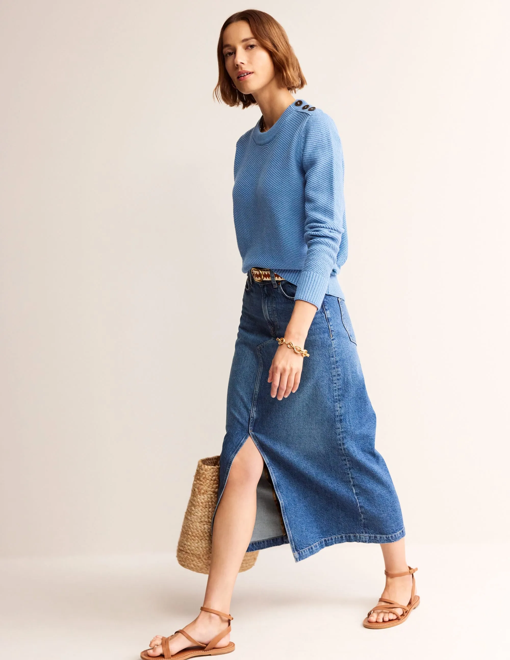Button Detail Stitch Jumper-Porcelain Blue