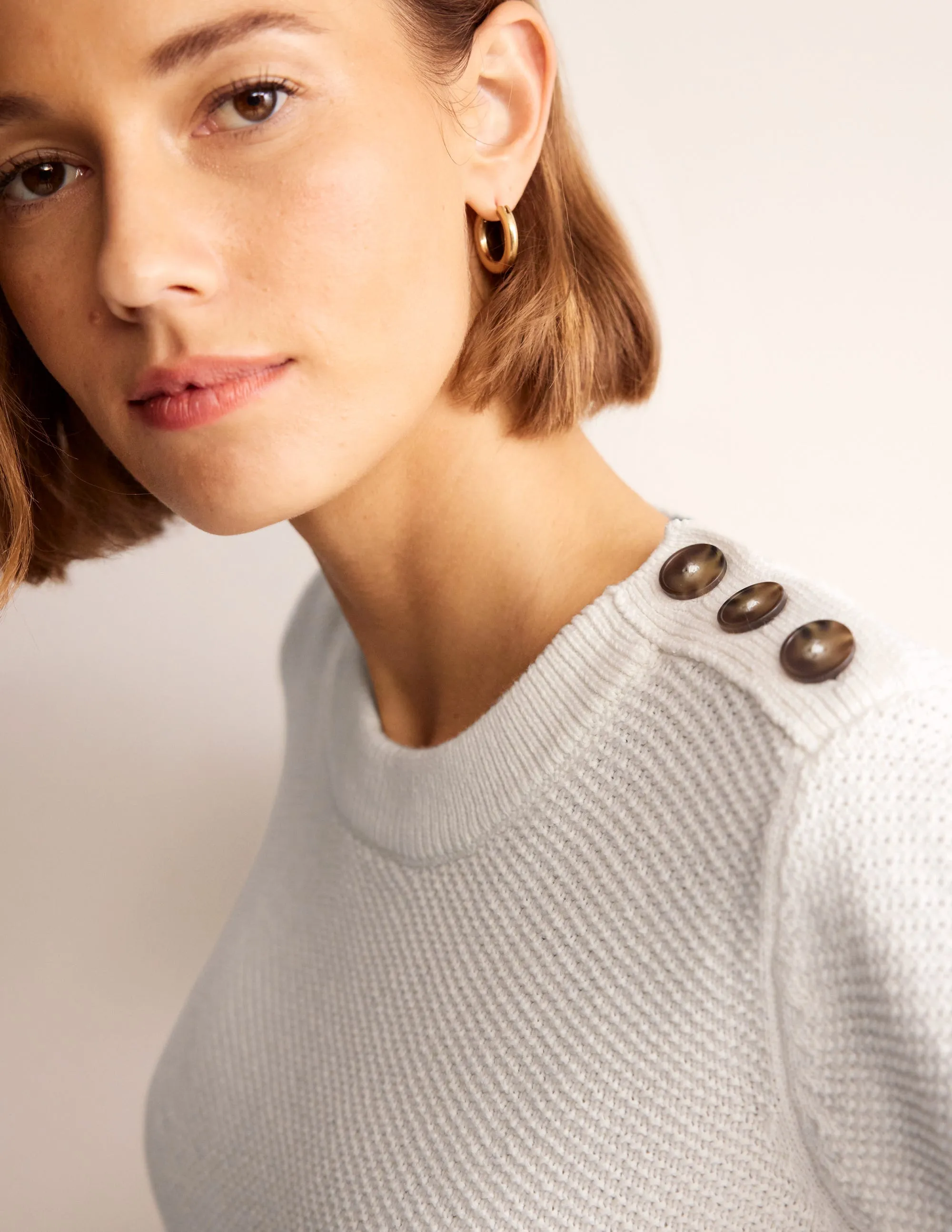 Button Detail Stitch Jumper-Warm Ivory