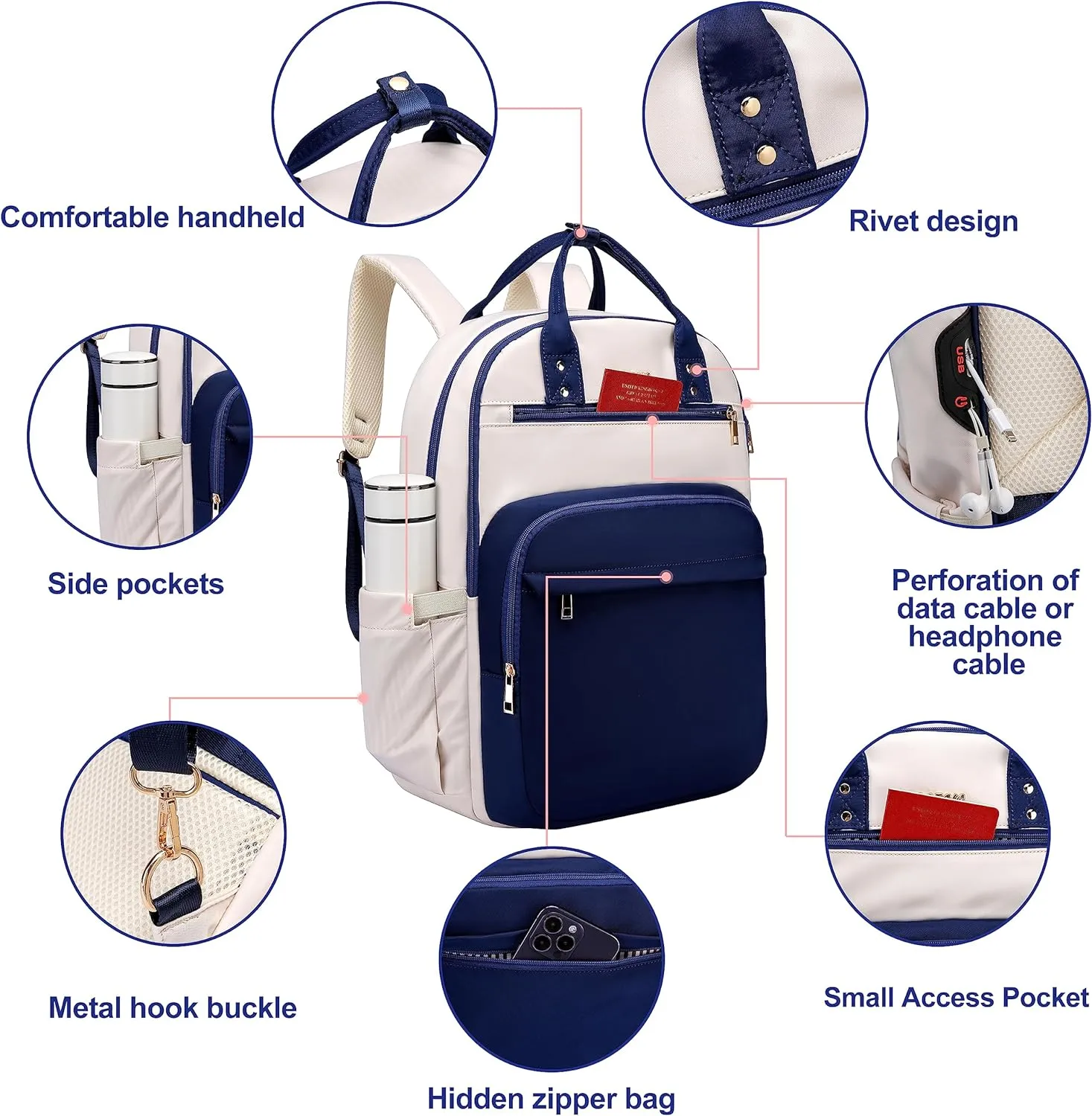 CAFELE 17 Inch Laptop Backpack for Women Men Fashion Work, Large Capacity Waterproof Bagpack with USB Port, College Daypack Business Travel Backpack,Blue-White