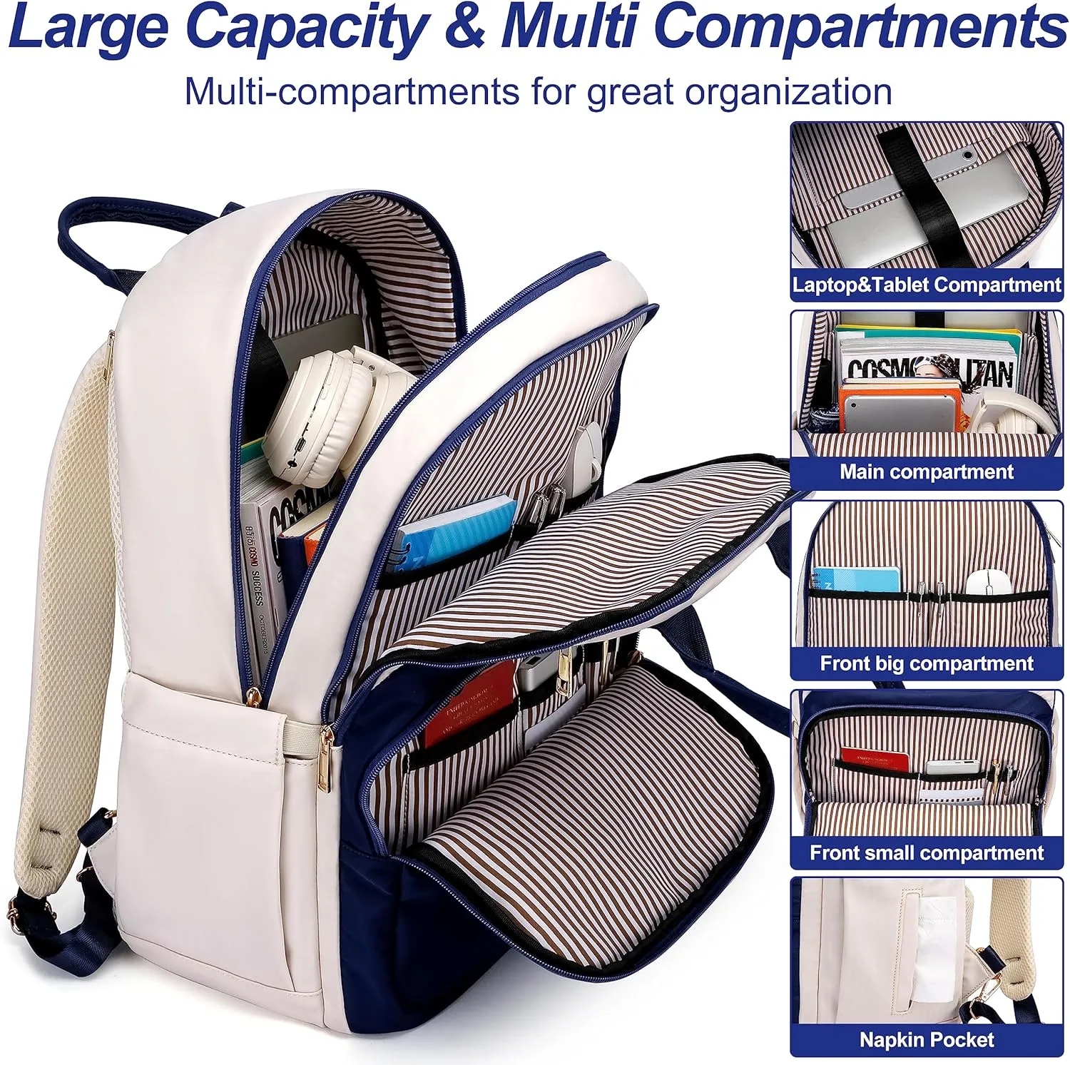CAFELE 17 Inch Laptop Backpack for Women Men Fashion Work, Large Capacity Waterproof Bagpack with USB Port, College Daypack Business Travel Backpack,Blue-White