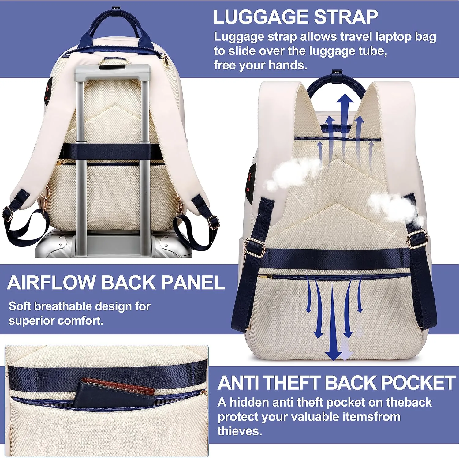 CAFELE 17 Inch Laptop Backpack for Women Men Fashion Work, Large Capacity Waterproof Bagpack with USB Port, College Daypack Business Travel Backpack,Blue-White
