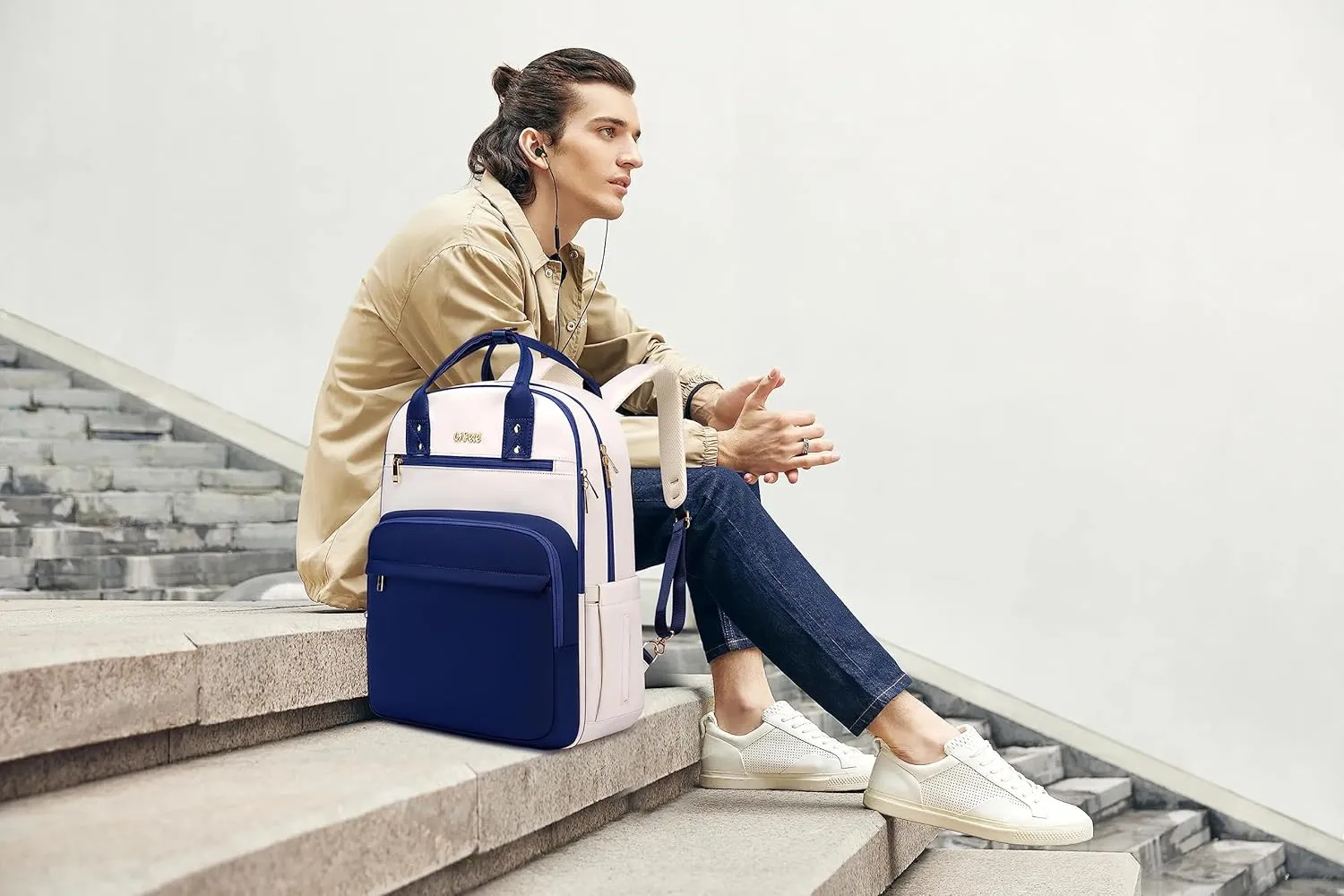 CAFELE 17 Inch Laptop Backpack for Women Men Fashion Work, Large Capacity Waterproof Bagpack with USB Port, College Daypack Business Travel Backpack,Blue-White