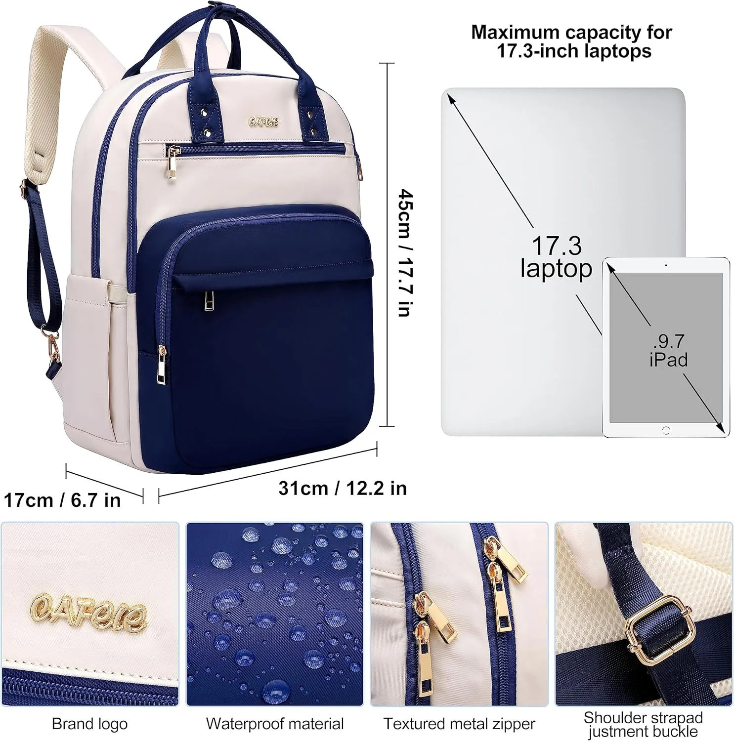 CAFELE 17 Inch Laptop Backpack for Women Men Fashion Work, Large Capacity Waterproof Bagpack with USB Port, College Daypack Business Travel Backpack,Blue-White