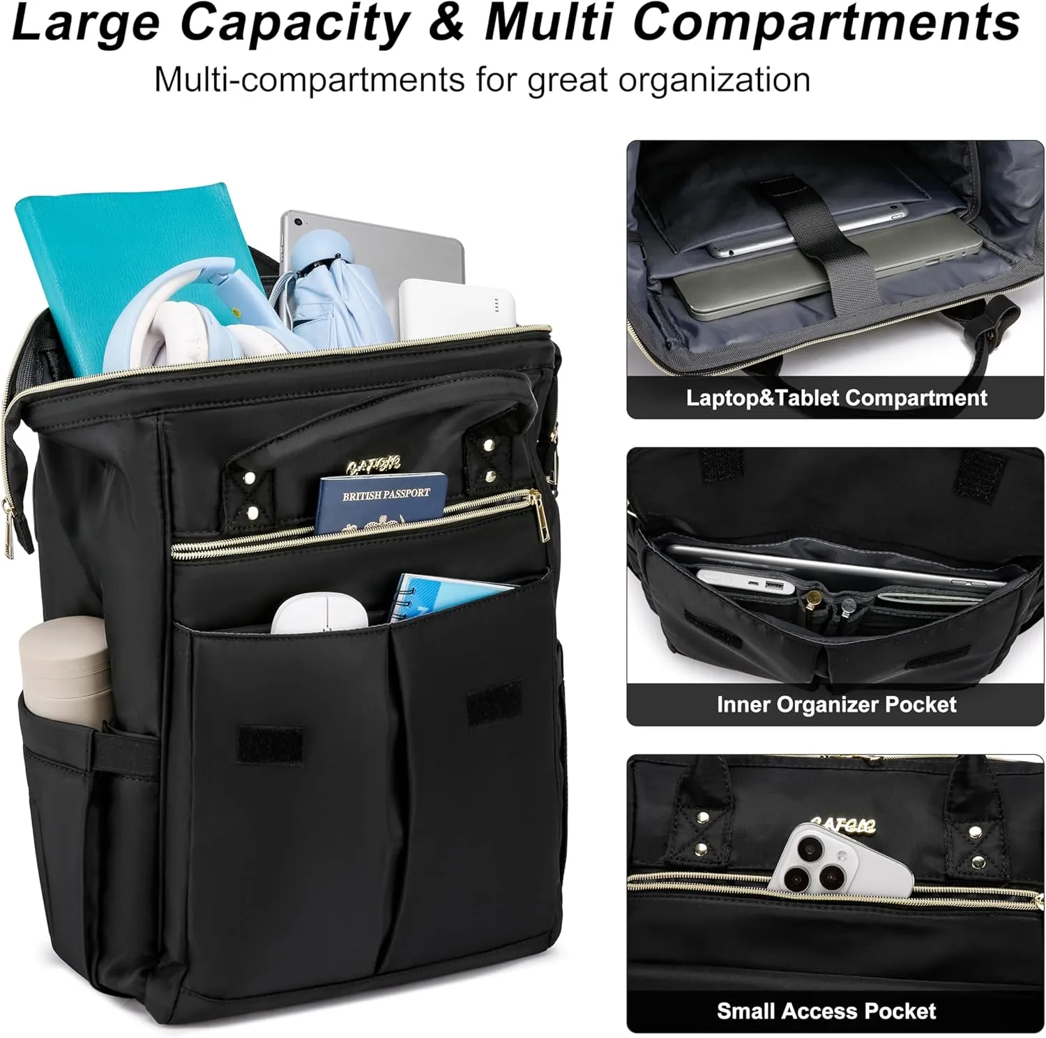 CAFELE Convertible Backpack for Women Men,School Backpacks for Teen Girls Boys,Large Wide Open Backpack with USB Charging Port, 17.3 Inch Work Laptop Backpack,Black(2321H-01)