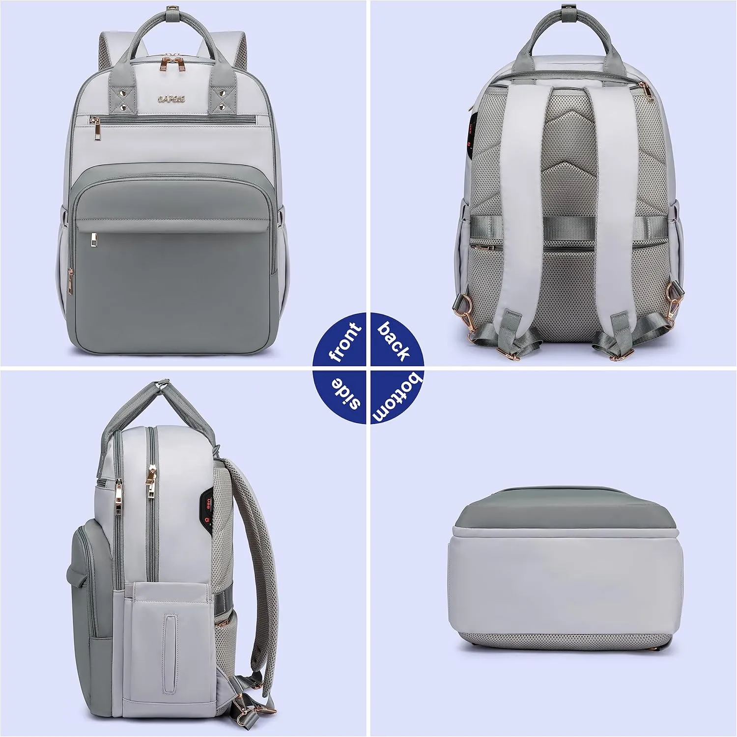 CAFELE Laptop Backpack Women Teacher Backpack Nurse Teen, 17.3 Inch Womens Work Backpack Waterproof Anti-theft Travel Back Pack with USB Port Grey-White
