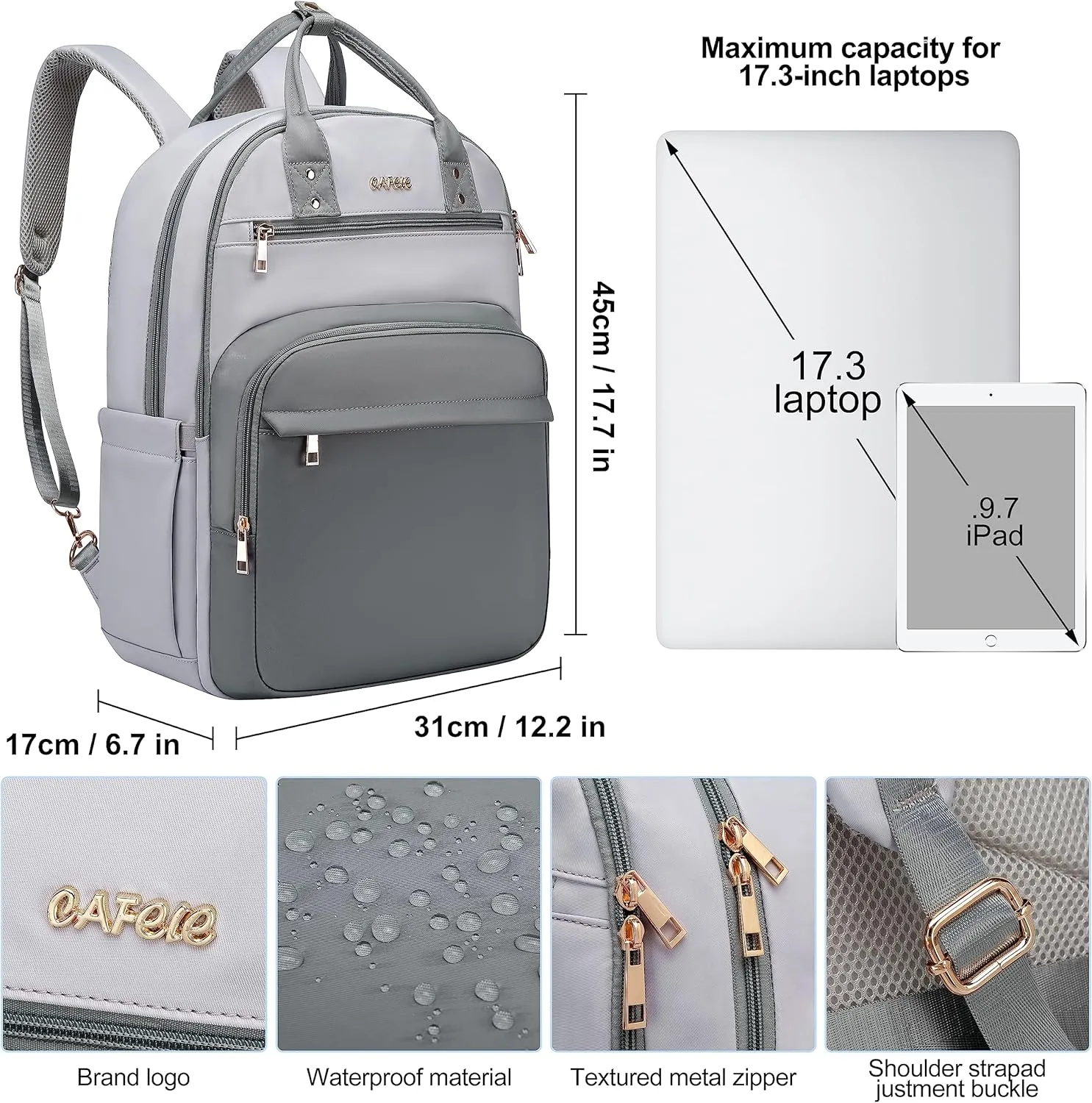 CAFELE Laptop Backpack Women Teacher Backpack Nurse Teen, 17.3 Inch Womens Work Backpack Waterproof Anti-theft Travel Back Pack with USB Port Grey-White
