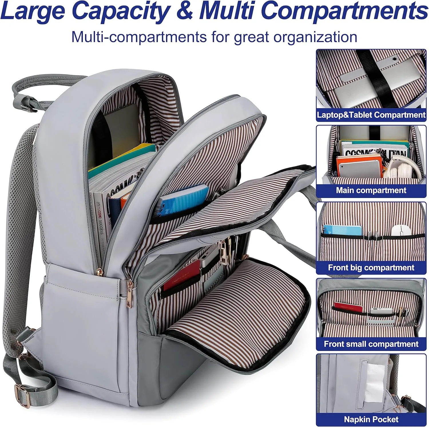 CAFELE Laptop Backpack Women Teacher Backpack Nurse Teen, 17.3 Inch Womens Work Backpack Waterproof Anti-theft Travel Back Pack with USB Port Grey-White
