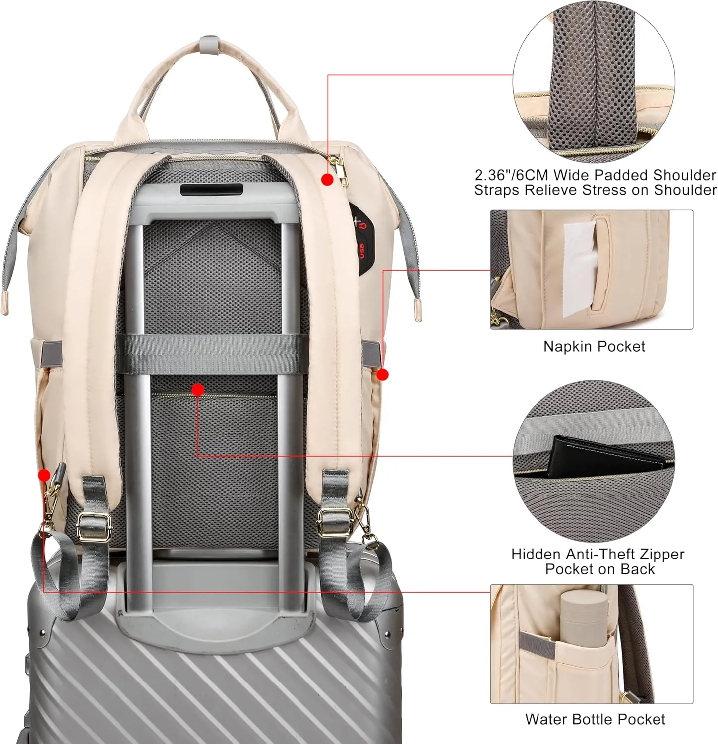 CAFELE School Backpacks for Teens Boys Girls, 17.3 Inch Laptop Bookbag, Back Pack Work College Business Student Teacher Nurse,Wide Open Convertible Backpack,Beige(2321H-03)