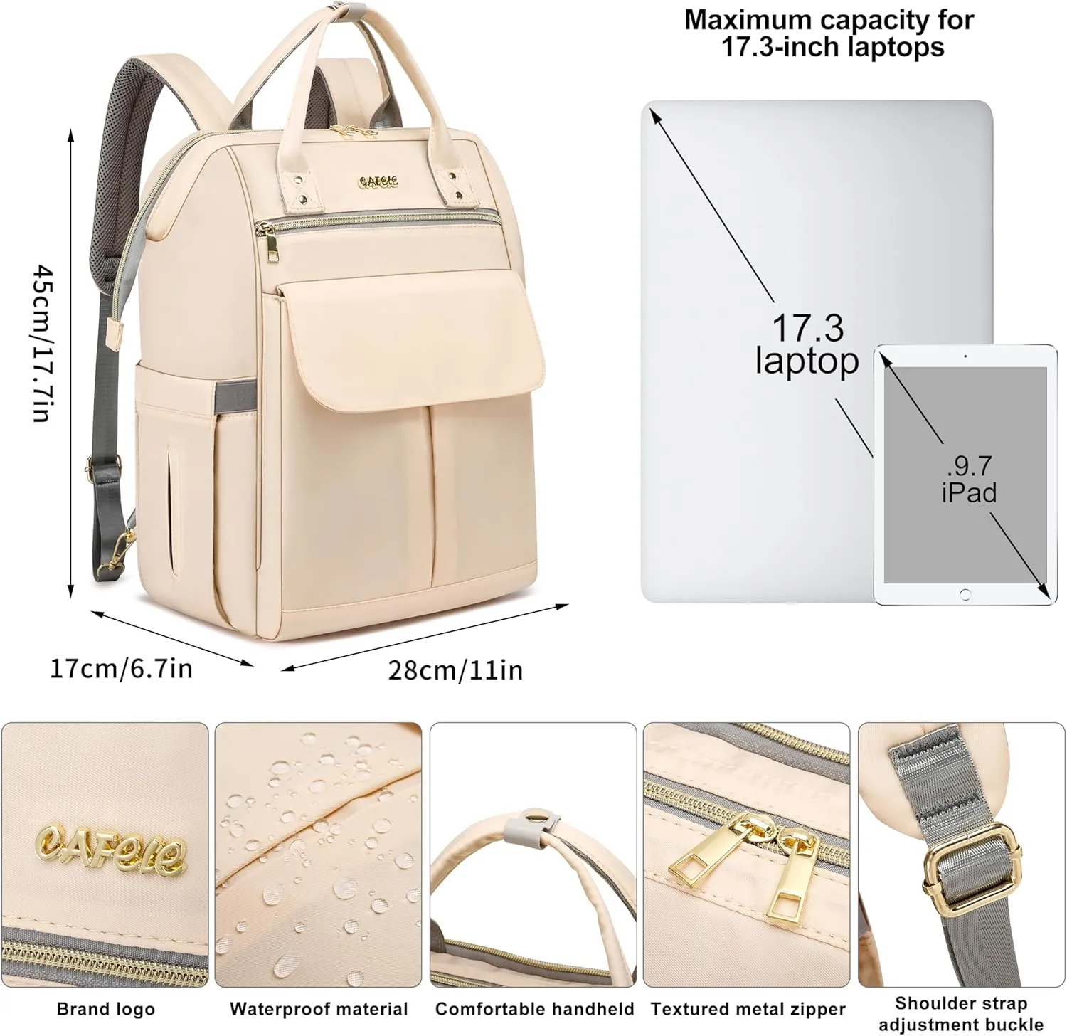 CAFELE School Backpacks for Teens Boys Girls, 17.3 Inch Laptop Bookbag, Back Pack Work College Business Student Teacher Nurse,Wide Open Convertible Backpack,Beige(2321H-03)