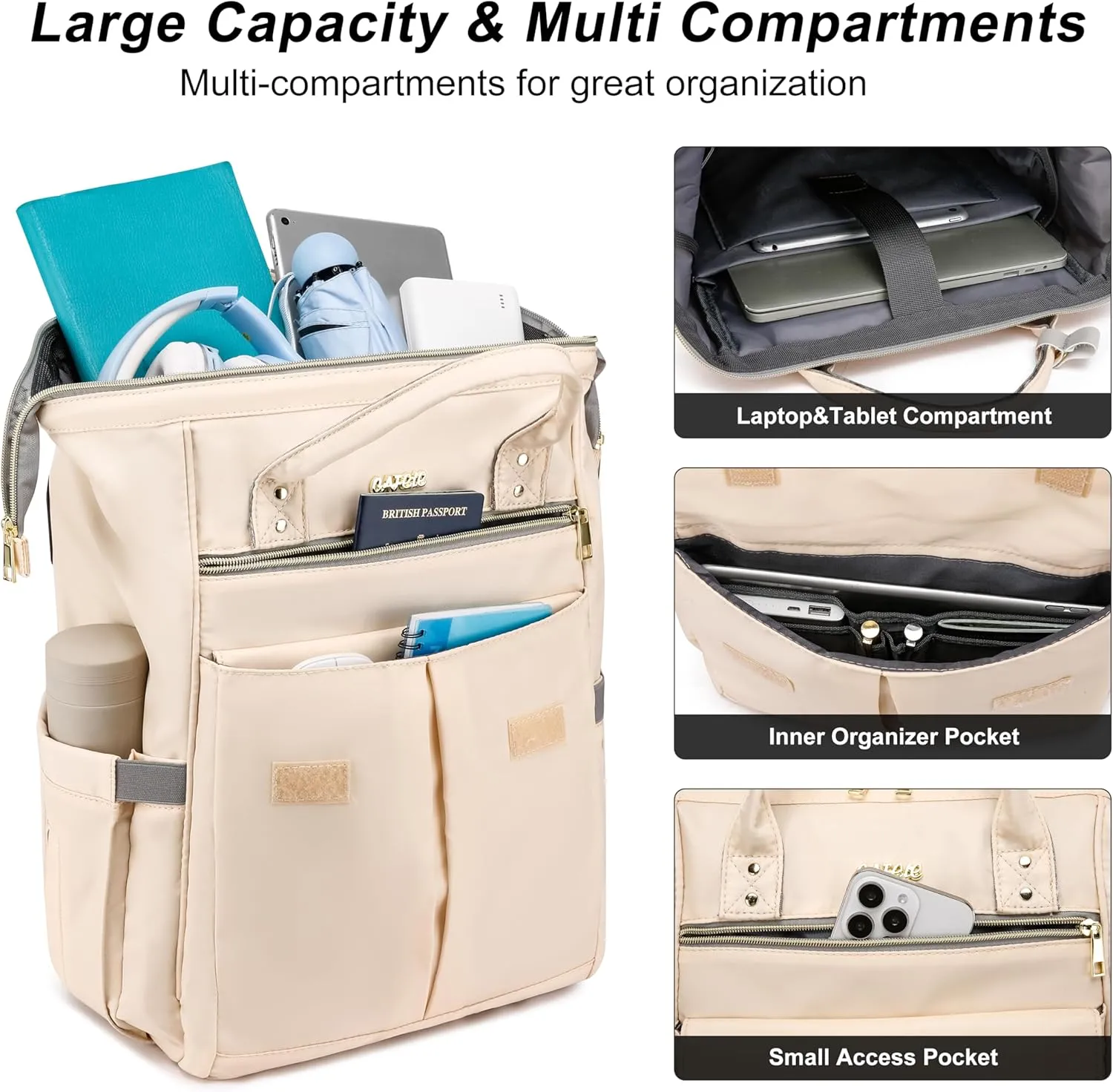 CAFELE School Backpacks for Teens Boys Girls, 17.3 Inch Laptop Bookbag, Back Pack Work College Business Student Teacher Nurse,Wide Open Convertible Backpack,Beige(2321H-03)