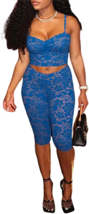 CALEBGAR 2 Piece Lingerie sets for Women Sexy Floral Lace Camisole Crop Tops Capri Leggings Jumpsuit Birthday Club Outfits