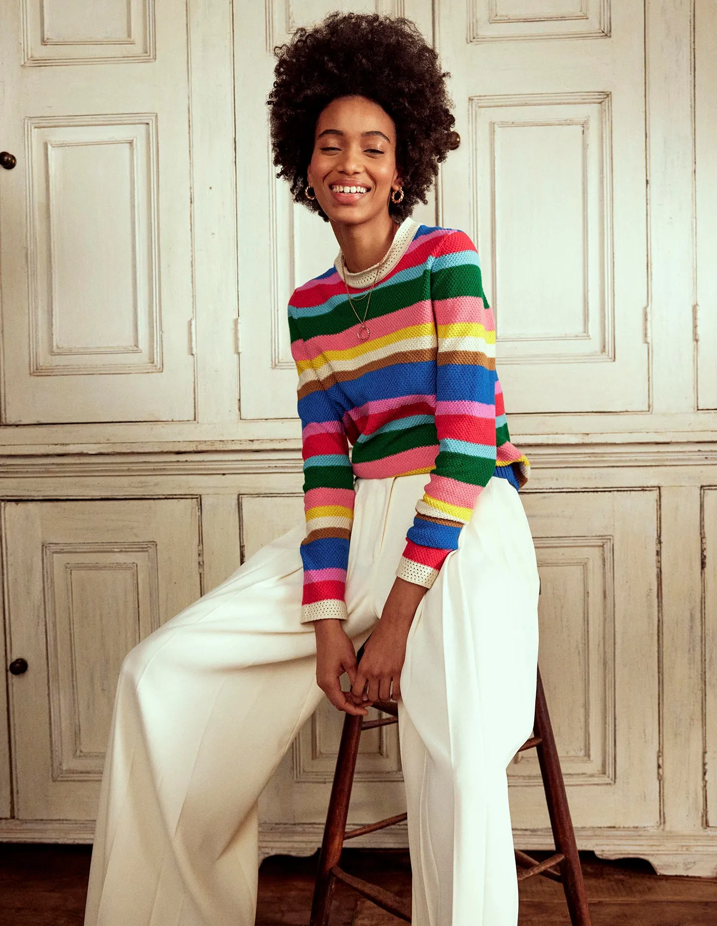 Callie Crochet Trim Jumper-Bright Rainbow Stripe Large
