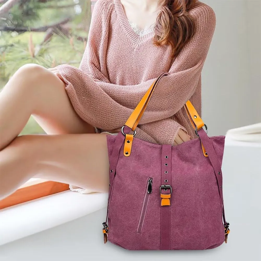 Canvas Purse for Women Large Capacity Hobo Bag Convertible Shoulder Backpack Purse Multi-pocket Tote Handbag Work