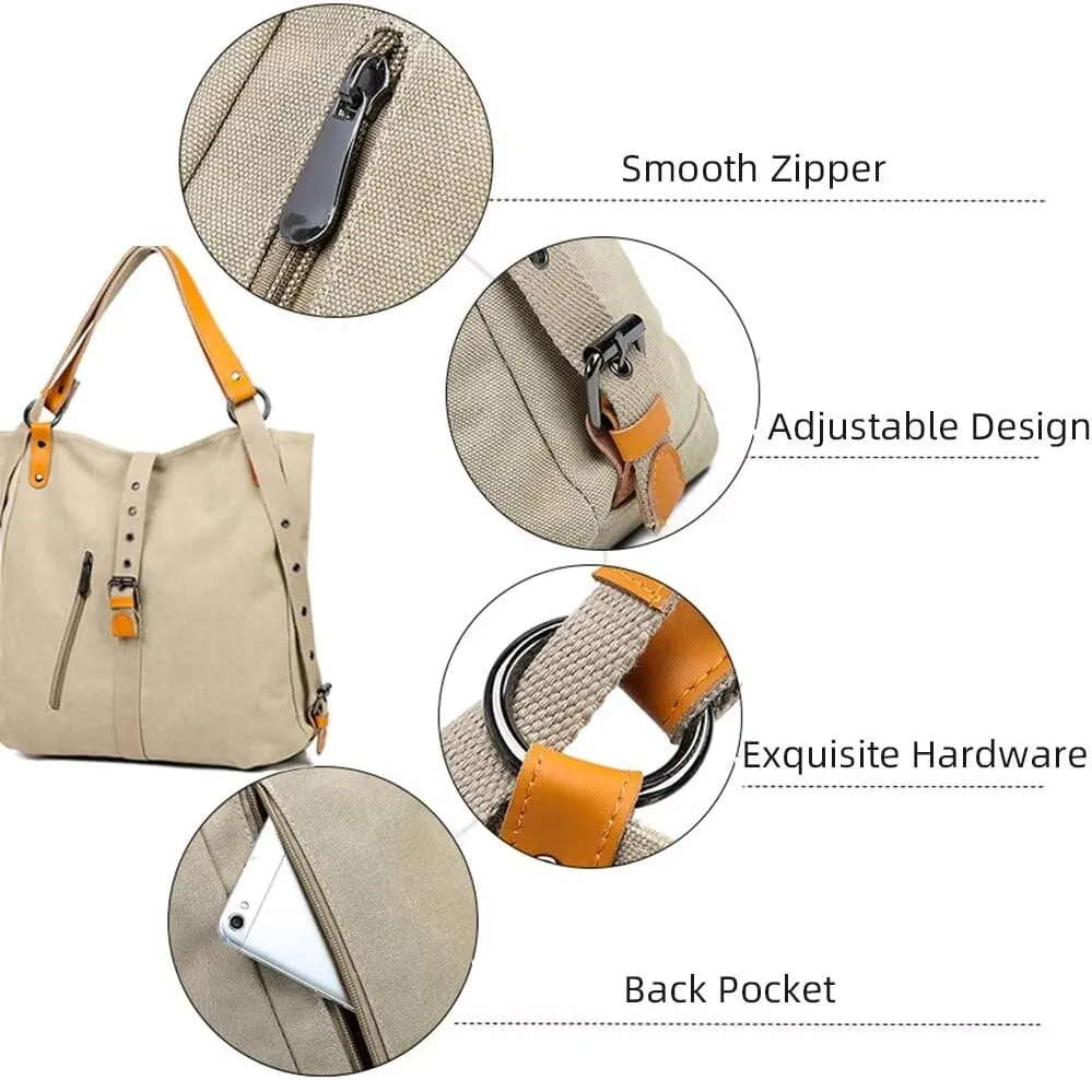 Canvas Purse for Women Large Capacity Hobo Bag Convertible Shoulder Backpack Purse Multi-pocket Tote Handbag Work