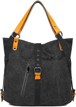 Canvas Purse for Women Large Capacity Hobo Bag Convertible Shoulder Backpack Purse Multi-pocket Tote Handbag Work