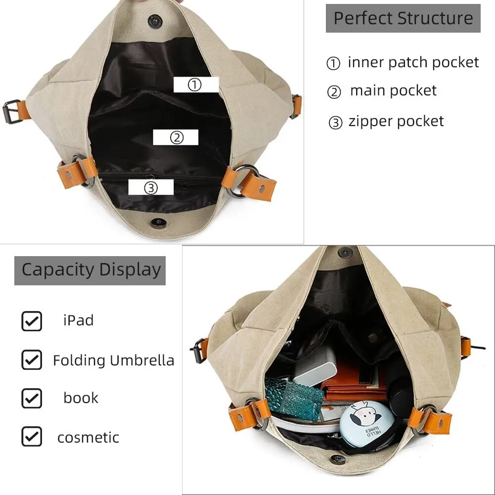 Canvas Purse for Women Large Capacity Hobo Bag Convertible Shoulder Backpack Purse Multi-pocket Tote Handbag Work