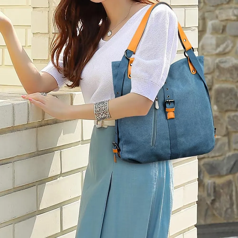 Canvas Purse for Women Large Capacity Hobo Bag Convertible Shoulder Backpack Purse Multi-pocket Tote Handbag Work