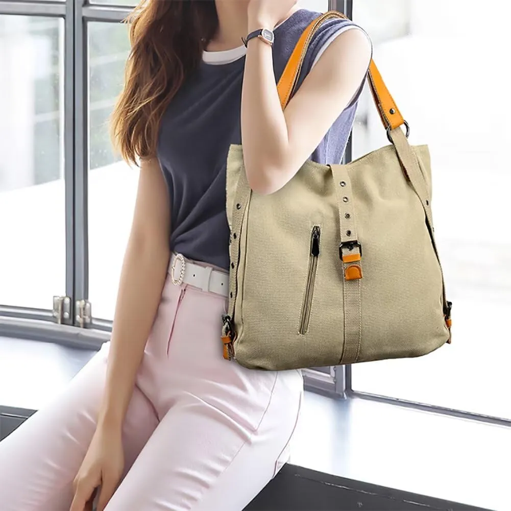 Canvas Purse for Women Large Capacity Hobo Bag Convertible Shoulder Backpack Purse Multi-pocket Tote Handbag Work