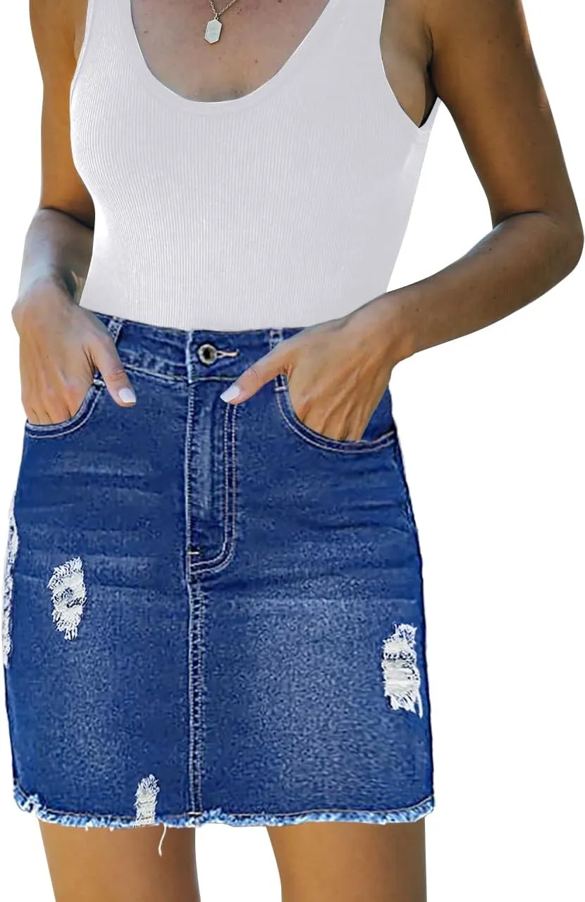 Casual High Waist Jean Skirts for Women Denim Raw Hem Frayed Bodycon Ripped Skirt Stretchy with Pockets