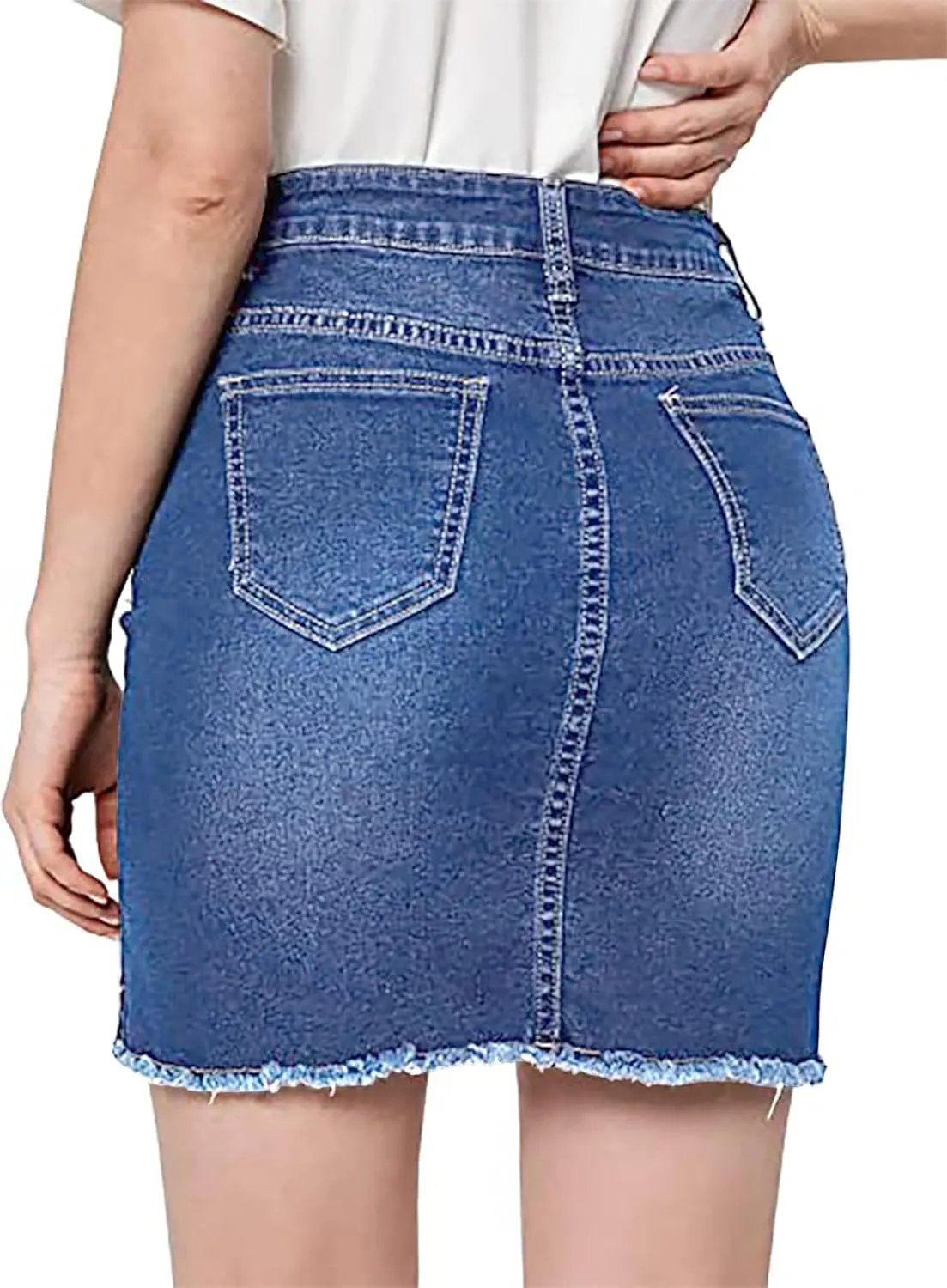 Casual High Waist Jean Skirts for Women Denim Raw Hem Frayed Bodycon Ripped Skirt Stretchy with Pockets