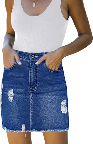 Casual High Waist Jean Skirts for Women Denim Raw Hem Frayed Bodycon Ripped Skirt Stretchy with Pockets