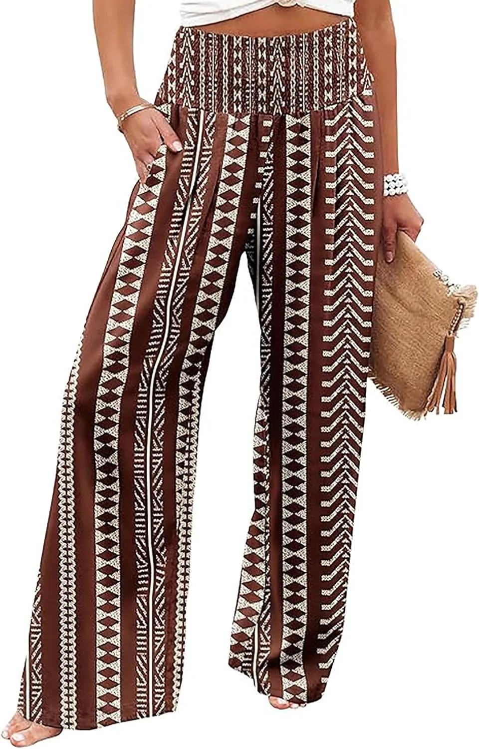 Casual Loose Fit Palazzo Long Pants for Women Elastic High Waist Lounge Pajama Wide Leg Trousers with Pocket